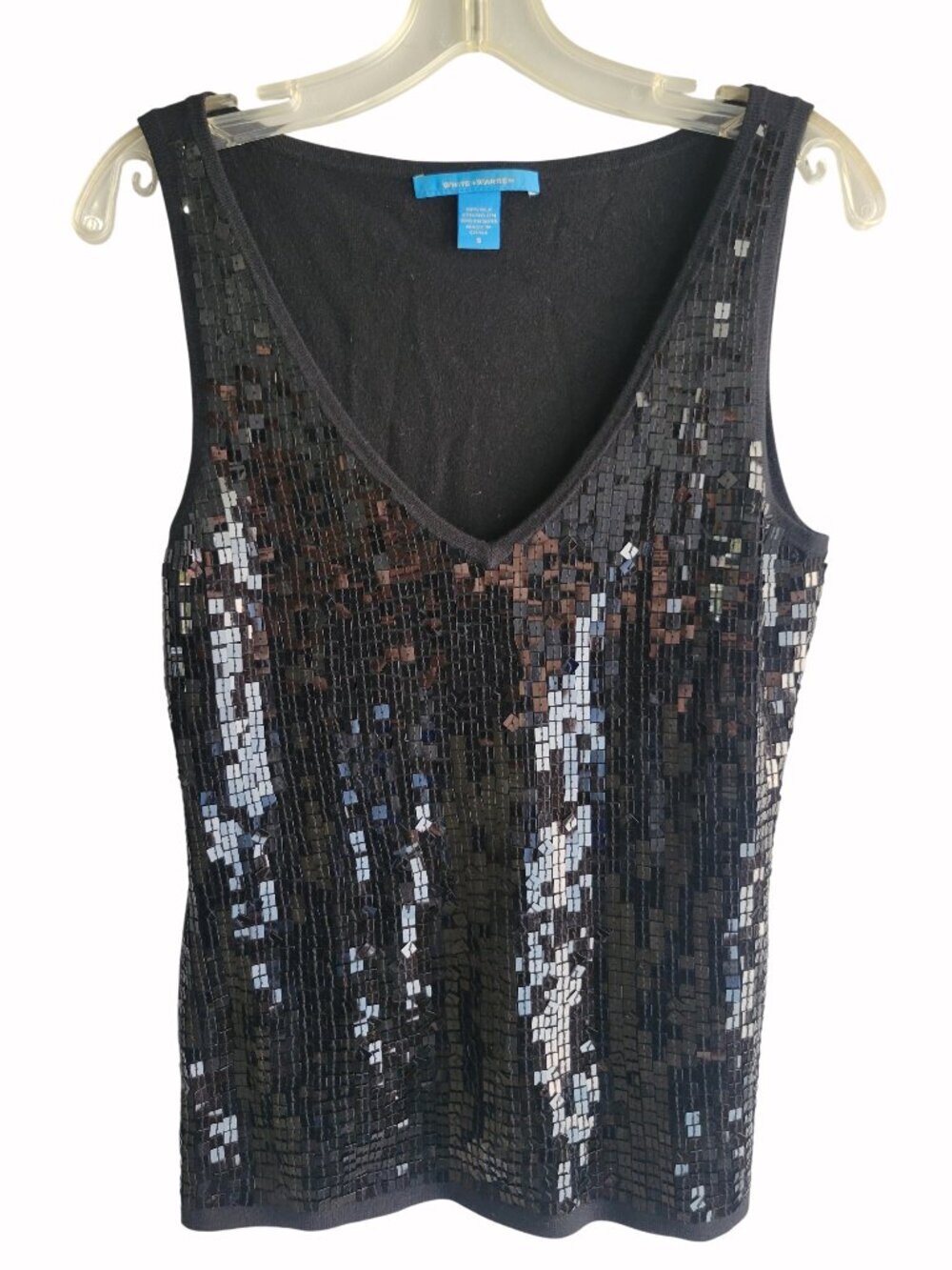 White + Warren Sequined Sleeveless V-Neck Silk Wool Blend Black Top Size S